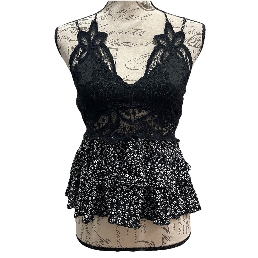 Y2K Trixxi Lace Floral Babydoll Tank Top Coquette Fairy Black Size M Grunge Goth
